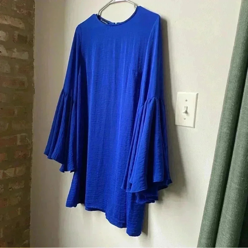 Royal Blue Mini Dress with Bell Sleeves - Women’s Size Large fits like Medium - Picture 9 of 14
